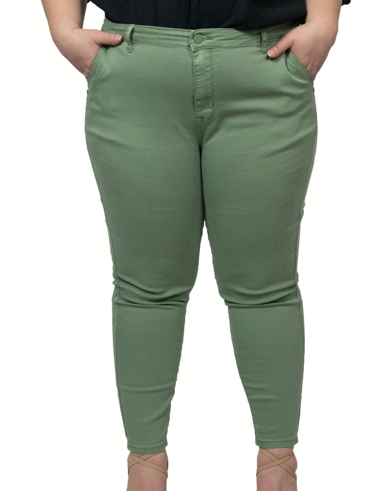 Front of a model wearing a size XL Franny Skinny Pants Woven Stretch Sage Green in Green by ANNICK. | dia_product_style_image_id:291412